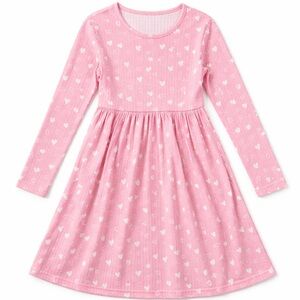 Girls Pink Heart Long Sleeve Dress Ribbed Knit Size 7Y